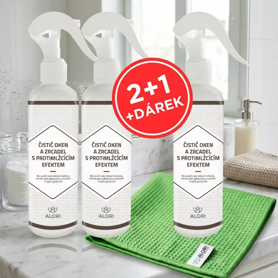Čistič oken a zrcadel protimlžící efekt 3 ks za cenu 2 ks + navíc utěrka 40x40 cm zdarma